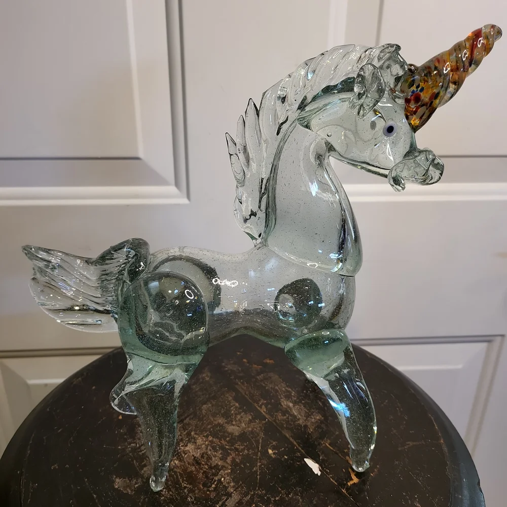 Vintage Murano Style Glass Unicorn Horse Sculpture Hand Blown 10" - Picture 1 of 12